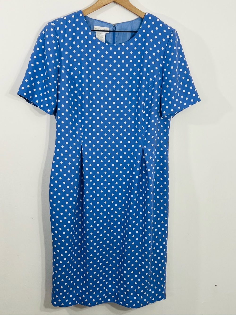 Worthington Blue Short Sleeve Scoop Neck Shoulder Pad Polka Dot Dress Lined 12